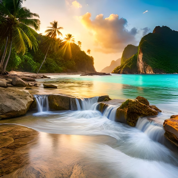 A tropical beach with a waterfall and palm trees