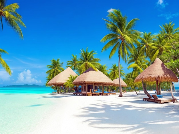 Tropical beach with white sand palm trees and huts