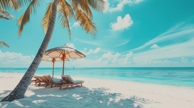 Photo tropical beach with white sand and two sun loungers ai generated