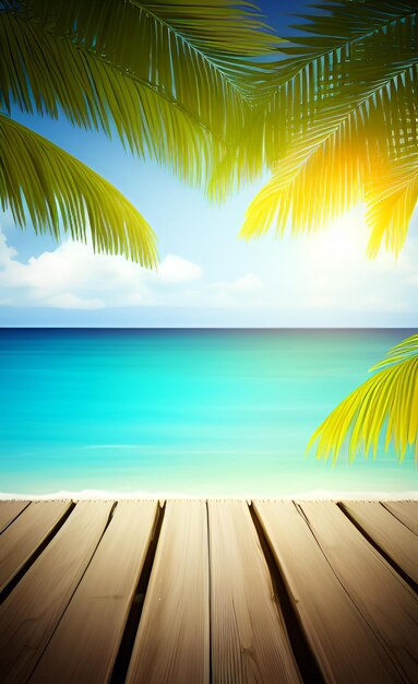 A tropical beach with a wooden boardwalk and palm trees