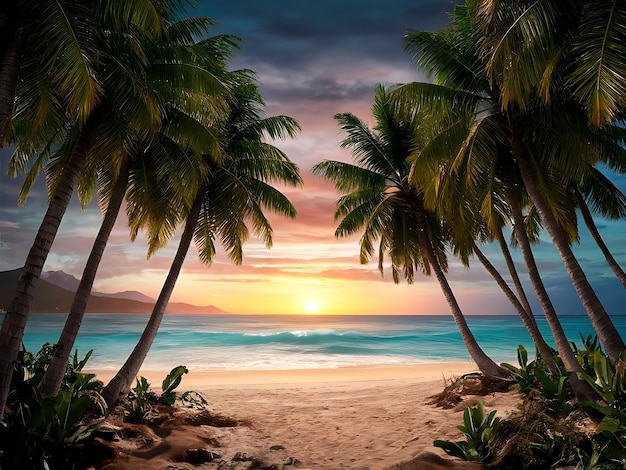Tropical Beachscape with Coconut Palms at Sunrise