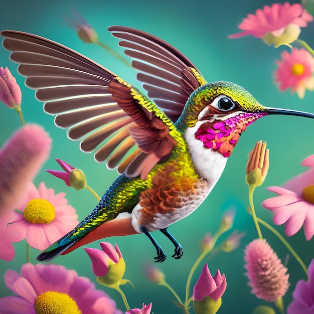 Tropical bird amongst pink flowers ai generated