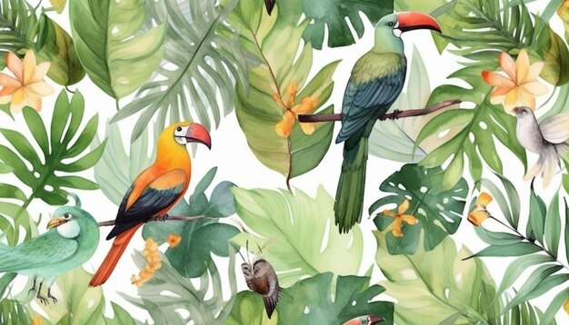 A tropical bird and a parrot are sitting on a branch.