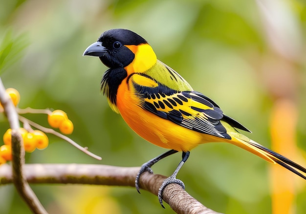 A tropical bird with a black head and yellow orange body sits on a branch