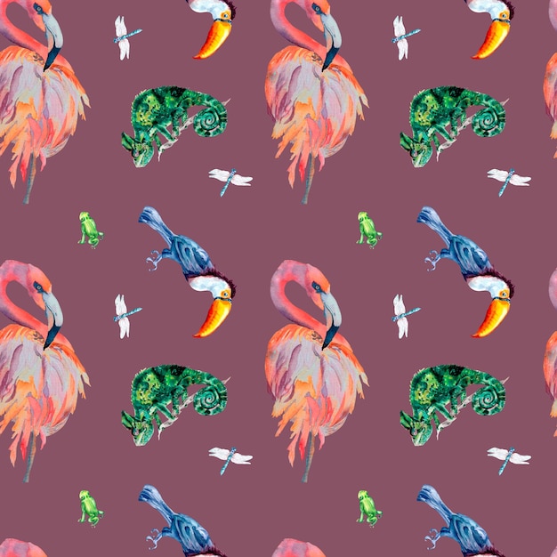 Tropical birds and animals watercolor seamless pattern on pink background