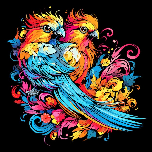 Tropical birds illustration Decorative colourful image of parrots among bright flowers isolated on black background in eyecatching pop art style Template for tshirt sticker etc