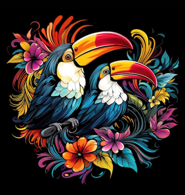 열대 조류 일러스트레이션: 눈에 띄는 팝 아트 스타일로 검은 바탕에 고립 된 밝은 꽃 사이에서 투칸의 장식적인 다채로운 이미지 티셔츠 스티커 등의 템플릿