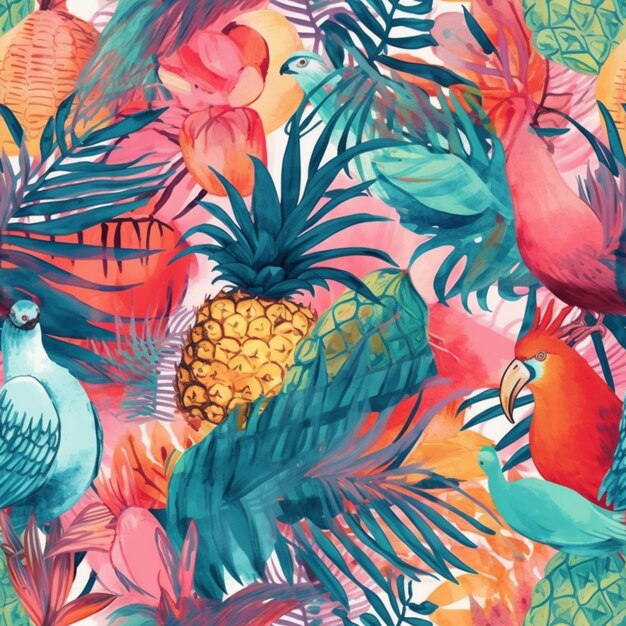 Tropical birds and pineapples on a pink background generative ai