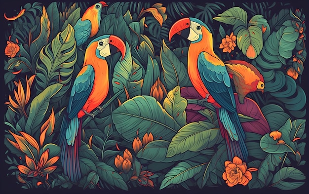 Tropical birds resting on branches Generative AI