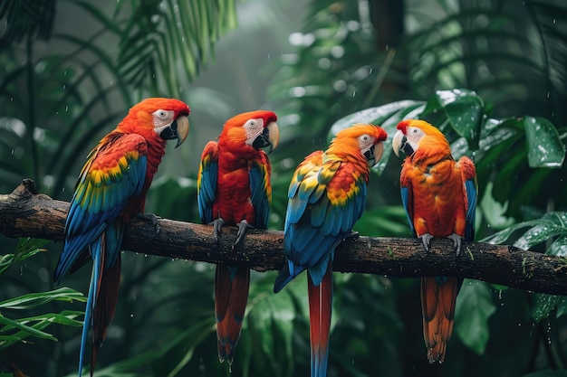 Tropical birds sitting on a tree branch in the rainforest Colorful scarlet macaw parrots