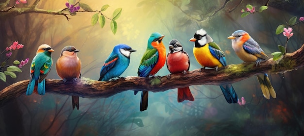 Tropical birds sitting on a tree branch in the rainforest