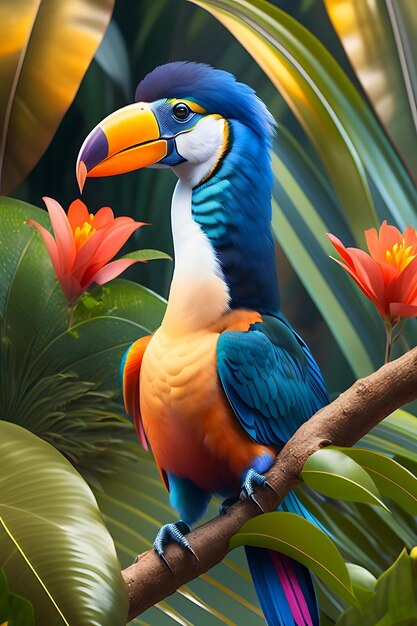 Tropical birds toucan in exotic jungle full of tropical leaves and large flowers