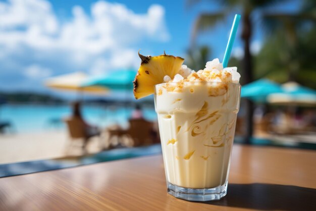 Photo tropical bliss indulge in the refreshing delight of a pina colada cocktail by the beach where exotic flavors meet relaxing waves