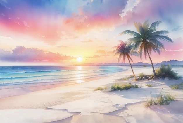 Tropical Bliss Multicolor Watercolor Landscape with Beach and Palm Trees