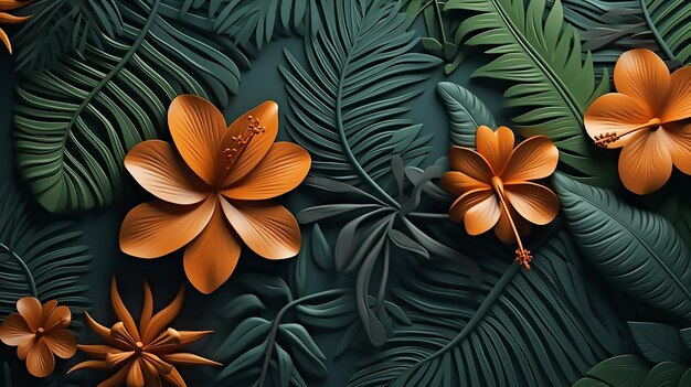 Tropical Bliss Realistic Background with Lush Leaves and Flowers