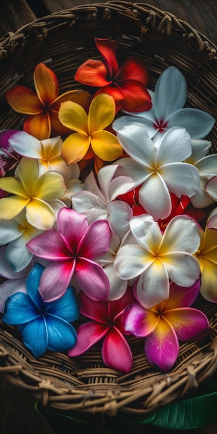 Foto tropical blossom medley vibrant frangipani bloemen in een wicker basket