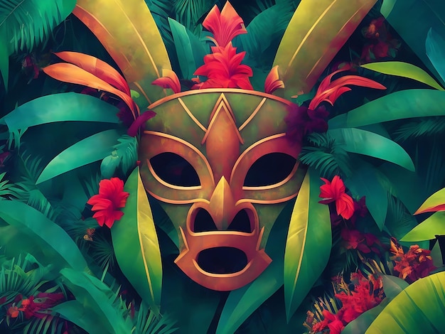 Tropical bon Man Mask illustration in the Jungle colorful background Ai Generated