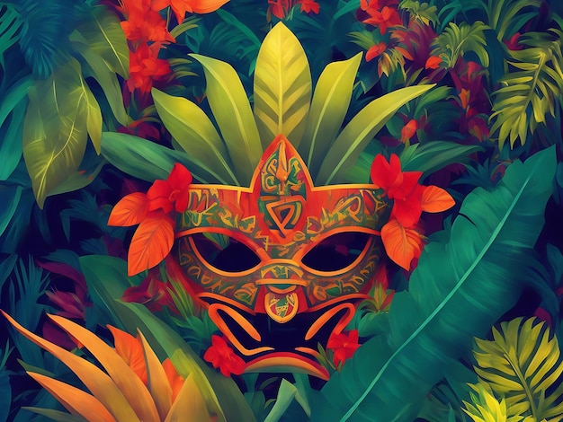 Tropical bon Man Mask illustration in the Jungle colorful background Ai Generated