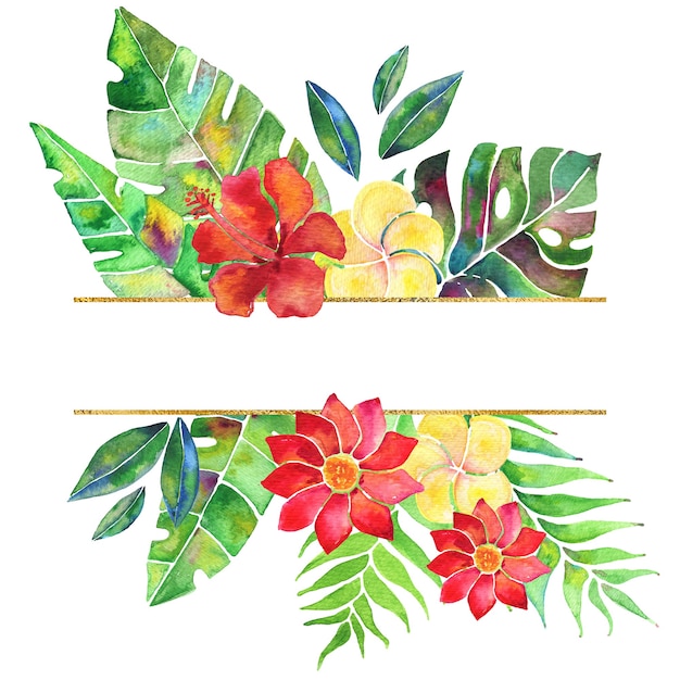 Tropical border with palm leaf and flowers. Watercolor arrangement