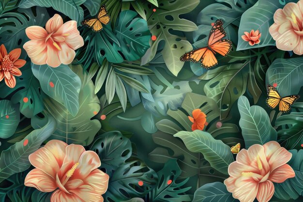 Tropical botanical illustration with lush flora and fluttering butterflies in vibrant hues