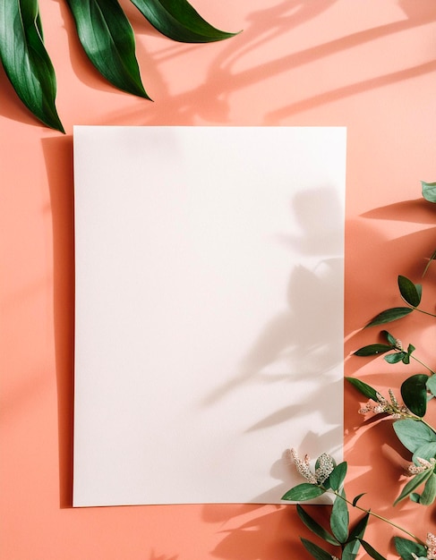 Tropical botanical paper mockup on coral background