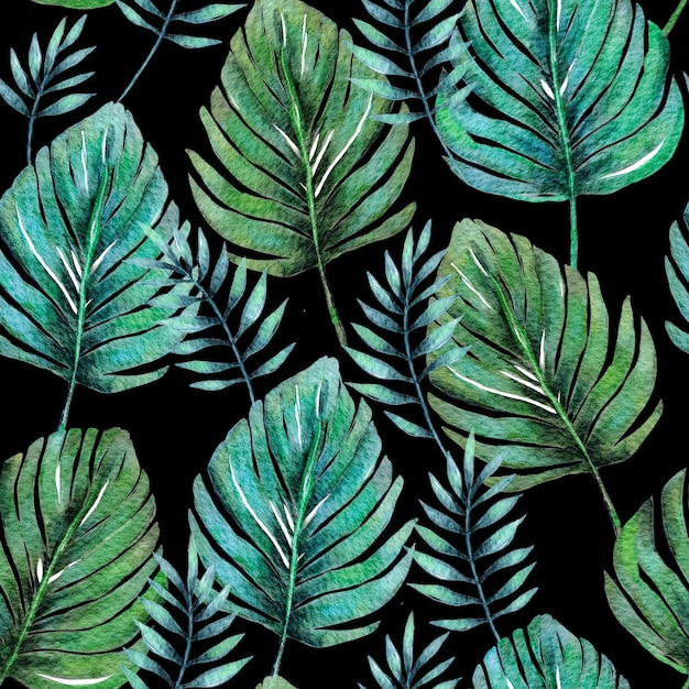 Фото Тропическая ботаника монстера пальма акварельный рисунок бесшовный узор джунгли экзотический фон