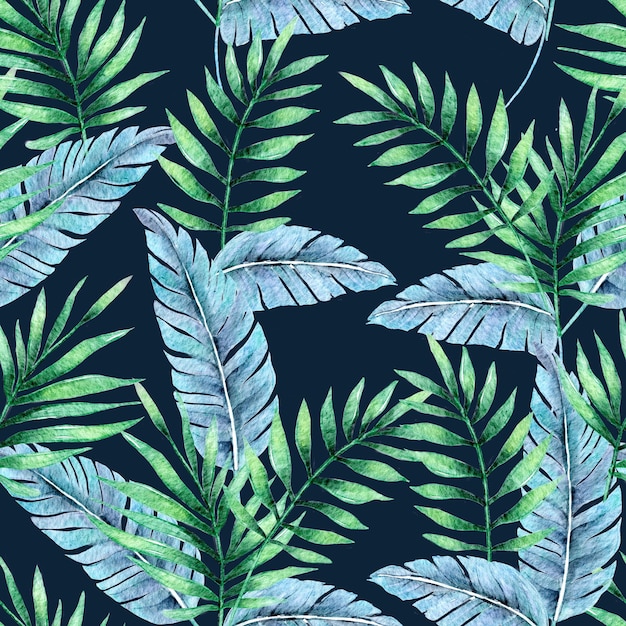 Тропическая ботаника пальмовые листья акварельный рисунок бесшовный узор