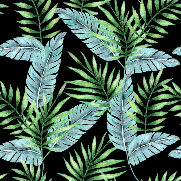 Tropical botany palm leaves watercolor drawing seamless pattern