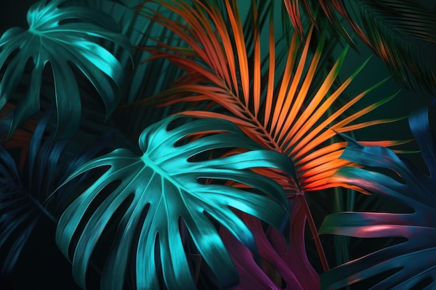 Tropical bright colorful background with exotic painted tropical palm leaves AI generated
