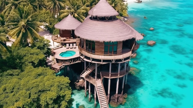 Tropical bungalow on the amazing beach with a palm tree