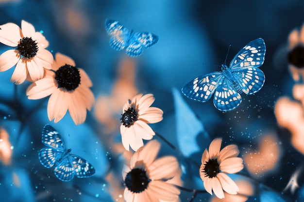 Tropical butterflies and pink bright summer flowers on a\
background of blue foliage in a fairy garden macro artistic\
image