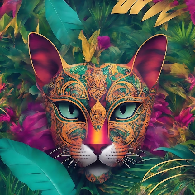 Tropical Cat Mask illustratie in de Jungle kleurrijke achtergrond Ai gegenereerd
