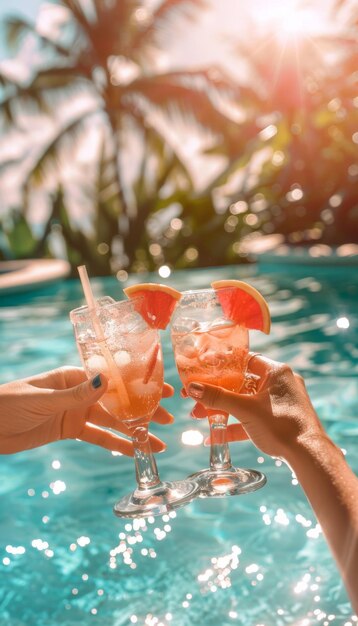 写真 トロピカル・チアーズ プールのそばでカクテルを飲む女性たち