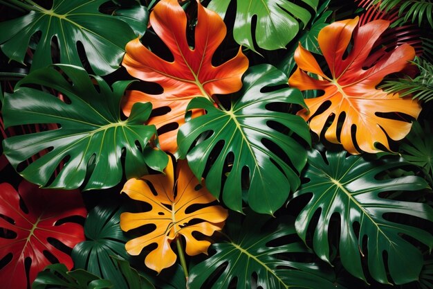 Photo tropical chic top view of colorful monstera leaves