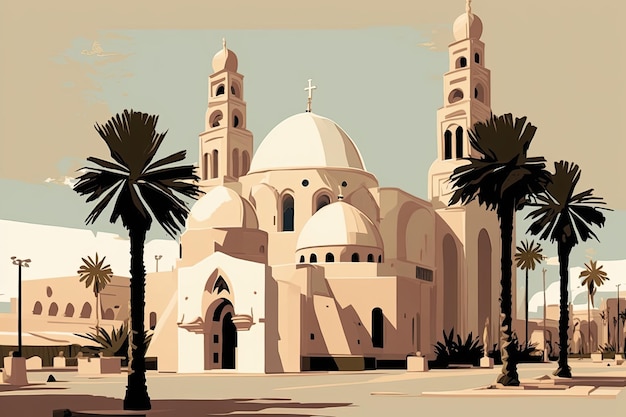 Tropical church with palm trees in the foreground Generative AI