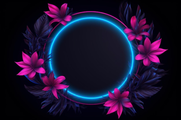 Tropical circle Neon frame flower blue and pink leaves and dark sky blue and magenta background