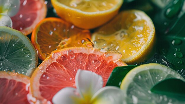 Tropical Citrus Fruit and Flowers CloseUp Photo