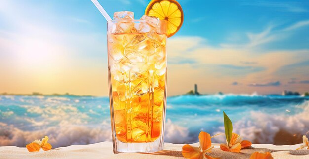 a tropical cocktail on a beach covered by sand and ocean in the style of light beige and amber