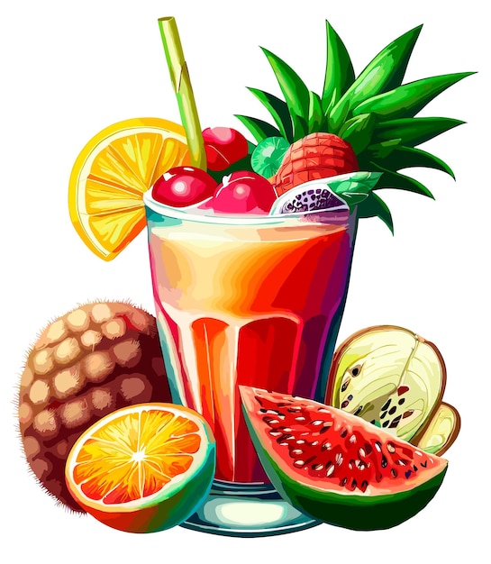 Tropical Cocktail drink with straw and fruits isolated on white background Clip art illustration style AI generated