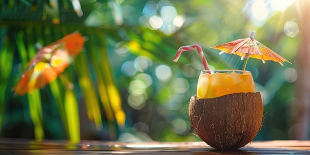 Photo a tropical cocktail served in a coconut shell with a paper umbrella