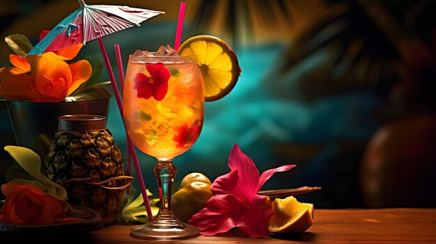 Photo tropical cocktail with fresh fruits and a colorful straw