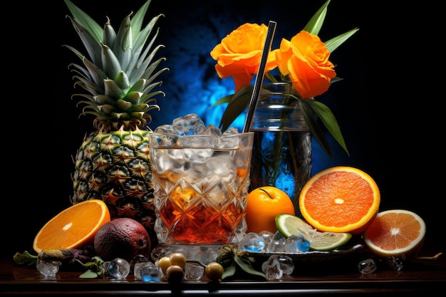 Tropical cocktail with fruits pineapple and orange Exotic Tropical Cocktails on blue background