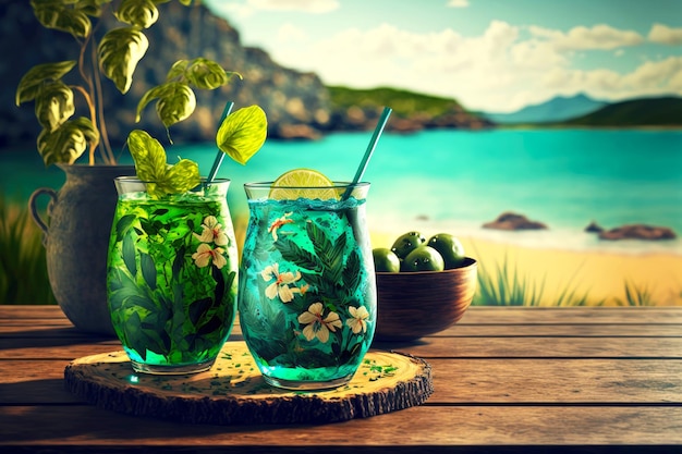 Tropical cocktail with mint leaves in glasses on coast by lake served table on beach