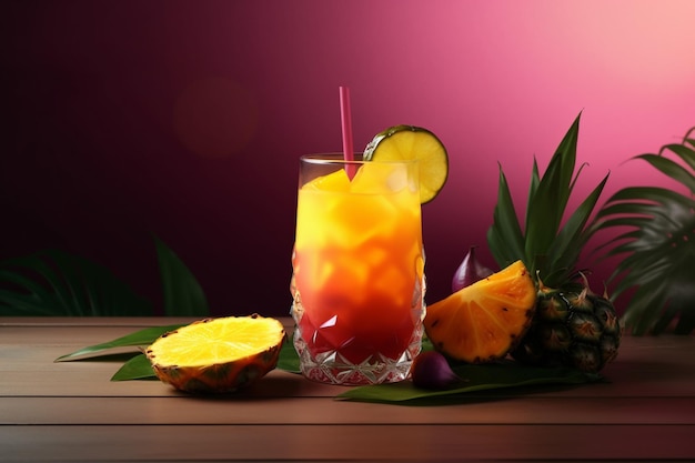 A tropical cocktail with pineapples and pineapples on a table.