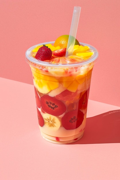 Tropical cocktail with strawberry and orange in a glass on a pastel pink background