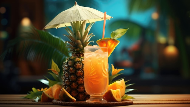 A tropical cocktail with a tiny umbrella and fruit garnish