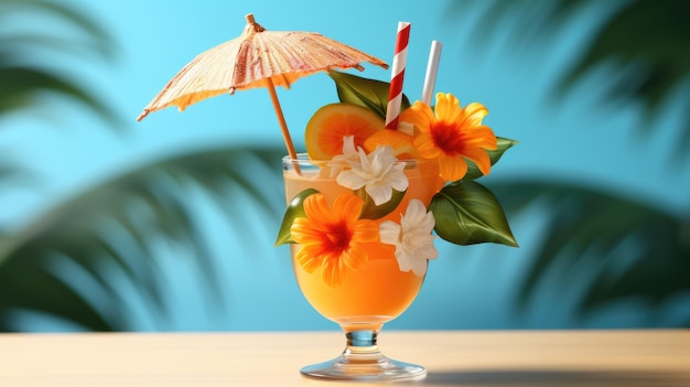 A tropical cocktail with a tiny umbrella and fruit garnish