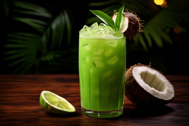 Tropical cocktail with a tube of green coconut