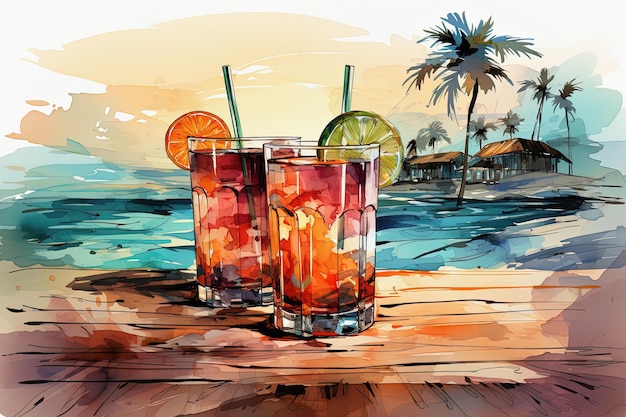 Tropical cocktails on beach with colorful ocean background Watercolor pop art style illustration