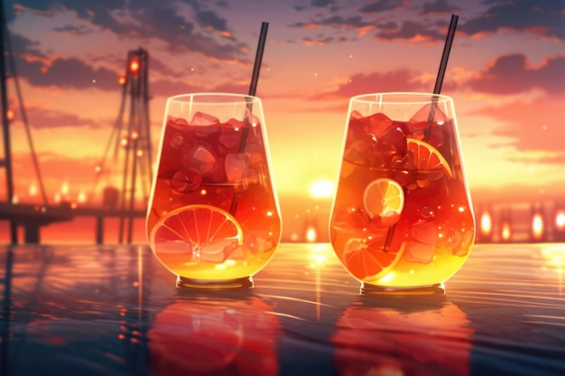 Tropical cocktails at the sunset beach AI